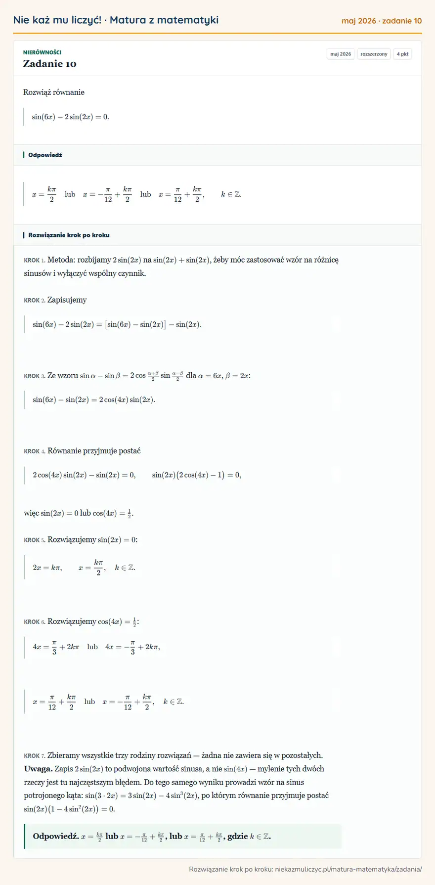 Rozwiązanie zadania 10 (matura z matematyki maj 2026): Rozwiąż równanie sin(6x)-2sin(2x)=0.
