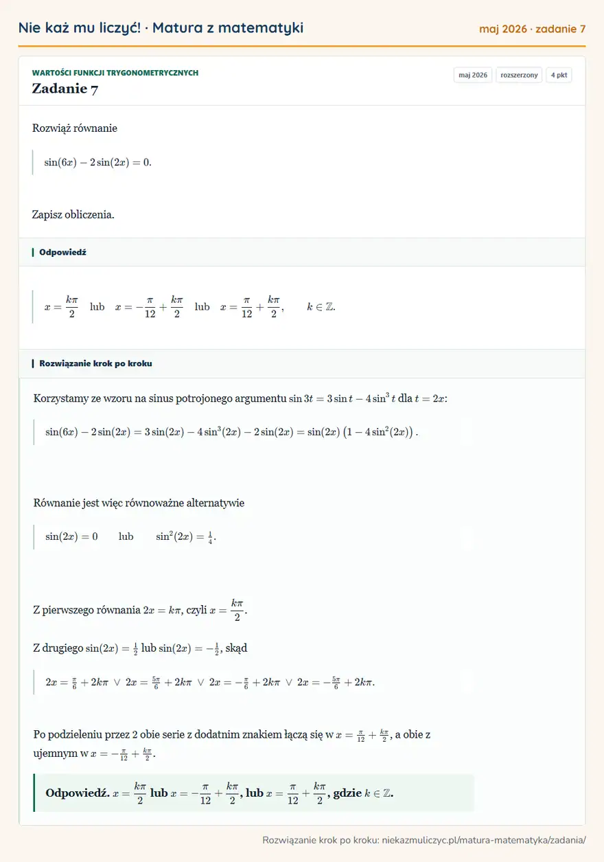 Rozwiązanie zadania 7 (matura z matematyki maj 2026): Rozwiąż równanie sin(6x)-2sin(2x)=0. Zapisz obliczenia.