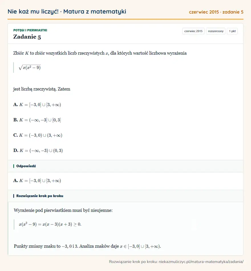 Rozwiązanie zadania 5 (matura z matematyki czerwiec 2015): Zbiór K to zbiór wszystkich liczb rzeczywistych x, dla których wartość liczbowa wyrażenia √x(x²-9) jest…