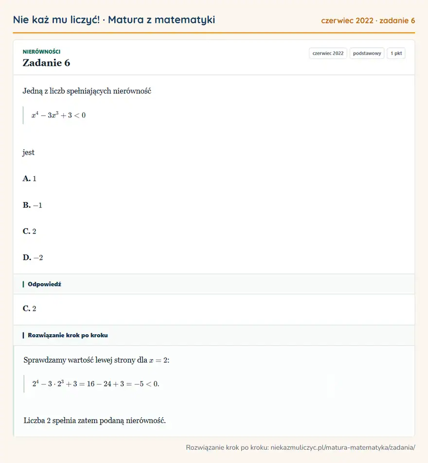 Rozwiązanie zadania 6, matura z matematyki czerwiec 2022, poziom podstawowy: Jedną z liczb spełniających nierówność x⁴-3x³+3<0 jest A. 1 B. -1 C. 2 D. -2 Odpowiedź: C. 2
