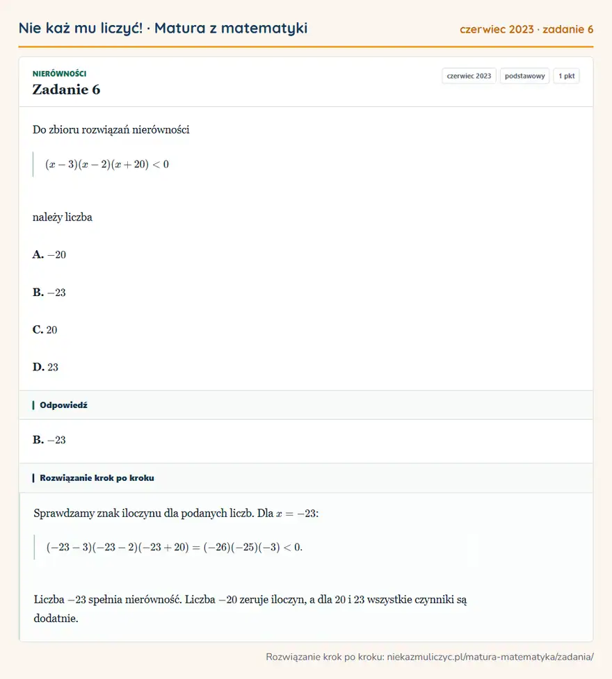 Rozwiązanie zadania 6 (matura z matematyki czerwiec 2023): Do zbioru rozwiązań nierówności (x-3)(x-2)(x+20)<0 należy liczba A. -20 B. -23 C. 20 D. 23