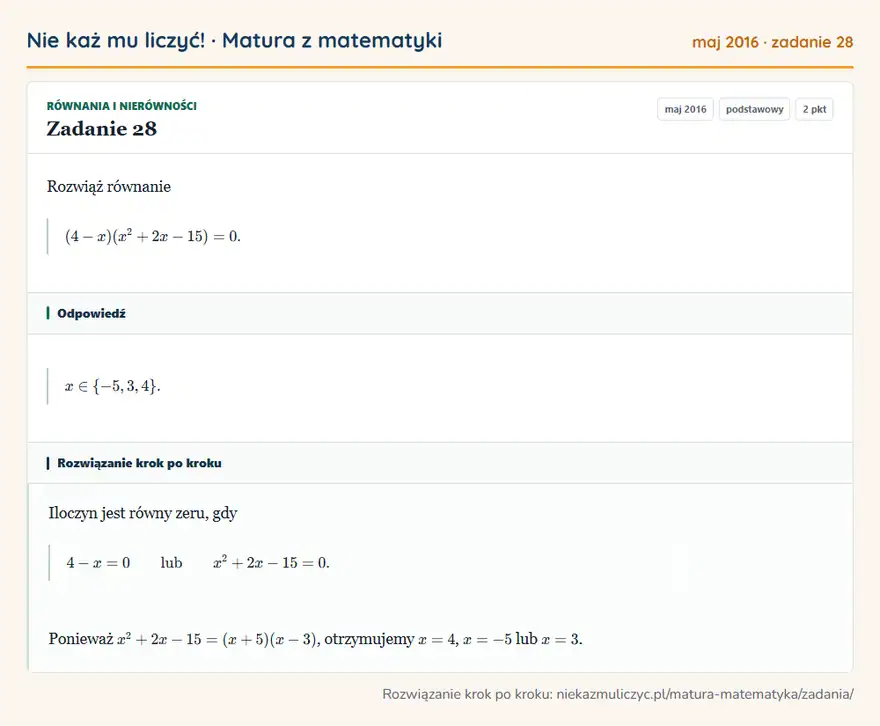 Rozwiązanie zadania 28 (matura z matematyki maj 2016): Rozwiąż równanie (4-x)(x²+2x-15)=0.