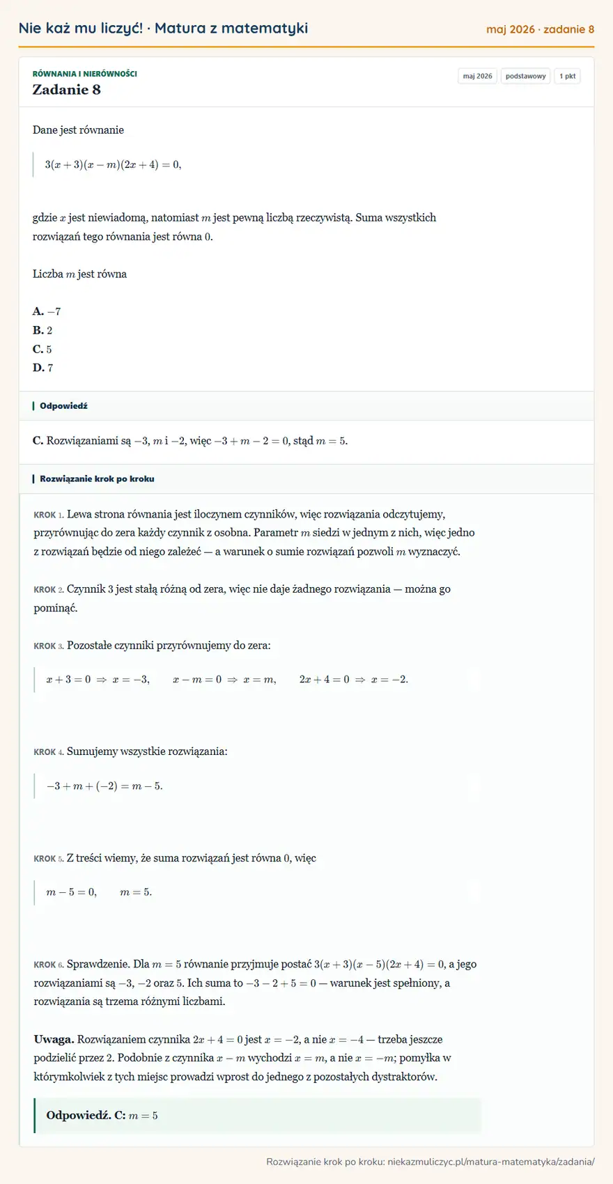 Rozwiązanie zadania 8 (matura z matematyki maj 2026): Dane jest równanie 3(x+3)(x-m)(2x+4)=0, gdzie x jest niewiadomą, natomiast m jest pewną liczbą rzeczywistą…