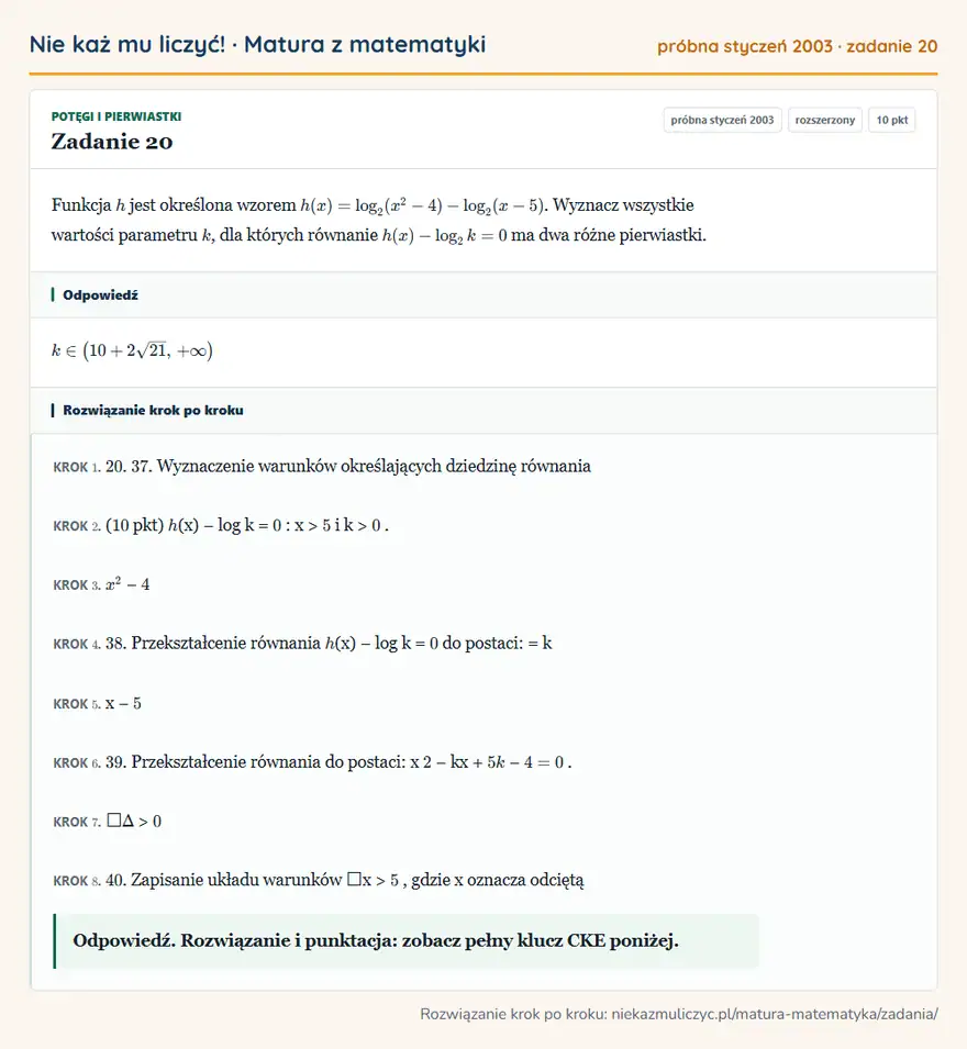 Rozwiązanie zadania 20, matura z matematyki próbna styczeń 2003, poziom rozszerzony: Funkcja h jest określona wzorem h(x)=log2(x²-4)-log2(x-5). Wyznacz wszystkie wartości parametru k, dla… Odpowiedź: k∈ (10+2√21, +∞ )