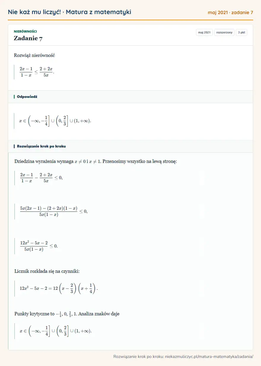 Rozwiązanie zadania 7 (matura z matematyki maj 2021): Rozwiąż nierówność 2x-1/1-x≤2+2x/5x.