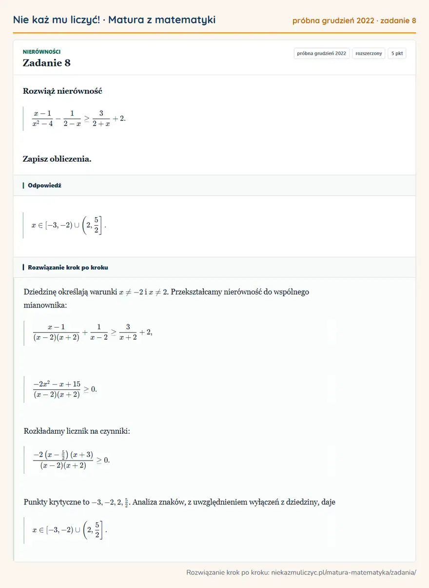 Rozwiązanie zadania 8 (matura z matematyki próbna grudzień 2022): Rozwiąż nierówność x-1/x²-4-12-x≥32+x+2. Zapisz obliczenia.