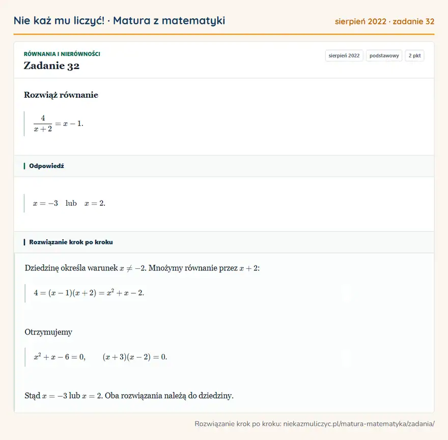 Rozwiązanie zadania 32 (matura z matematyki sierpień 2022): Rozwiąż równanie 4x+2=x-1.