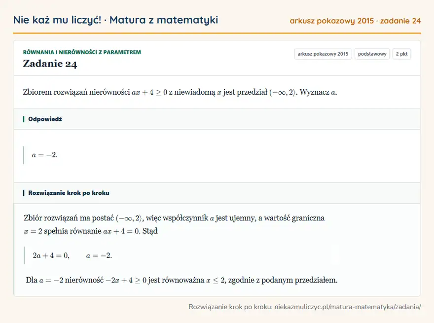 Rozwiązanie zadania 24 (matura z matematyki, arkusz pokazowy 2015): Zbiorem rozwiązań nierówności ax+4≥0 z niewiadomą x jest przedział (-∞,2. Wyznacz a.