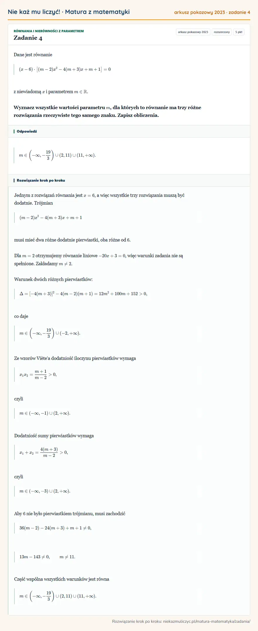 Rozwiązanie zadania 4 (matura z matematyki, arkusz pokazowy 2023): Dane jest równanie (x-6)· [(m-2)x²-4(m+3)x+m+1 ]=0 z niewiadomą x i parametrem m∈ R. Wyznacz wszystkie…