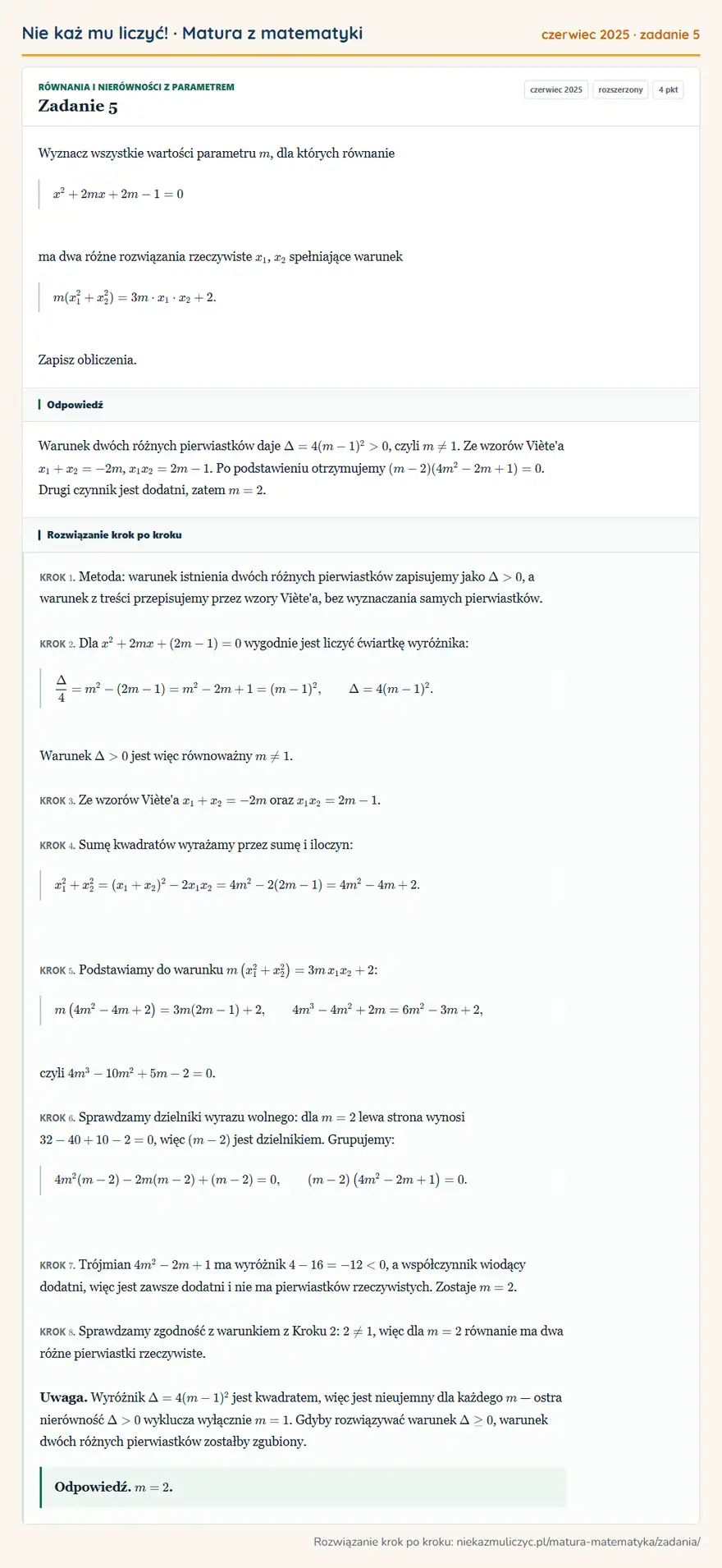 Rozwiązanie zadania 5 (matura z matematyki czerwiec 2025): Wyznacz wszystkie wartości parametru m, dla których równanie x²+2mx+2m-1=0 ma dwa różne rozwiązania…