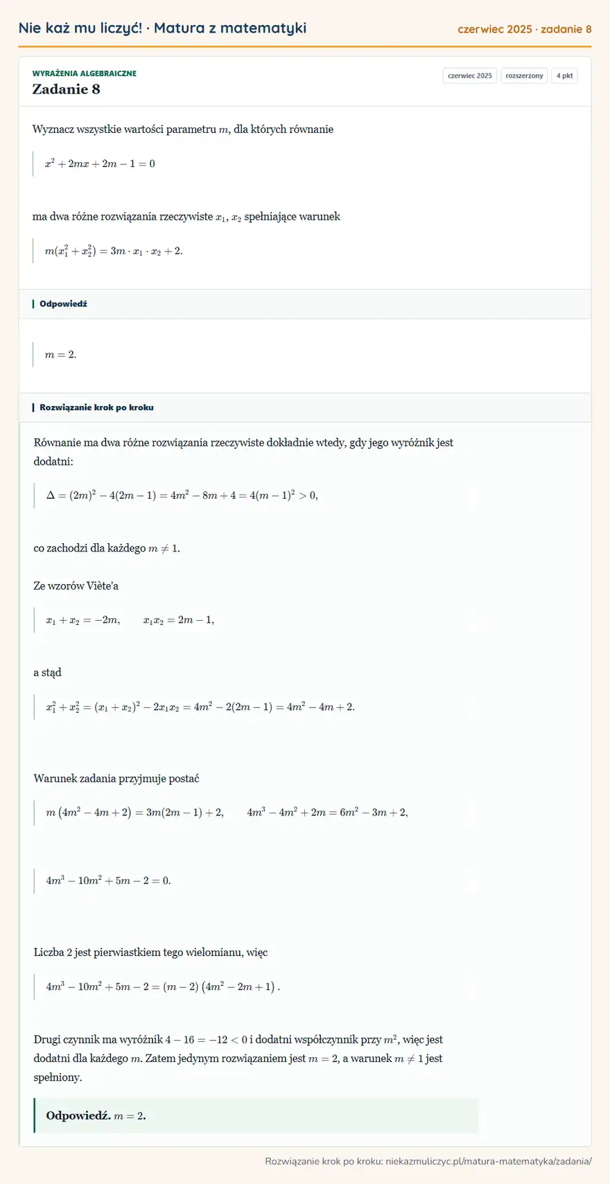 Rozwiązanie zadania 8 (matura z matematyki czerwiec 2025): Wyznacz wszystkie wartości parametru m, dla których równanie x²+2mx+2m-1=0 ma dwa różne rozwiązania…