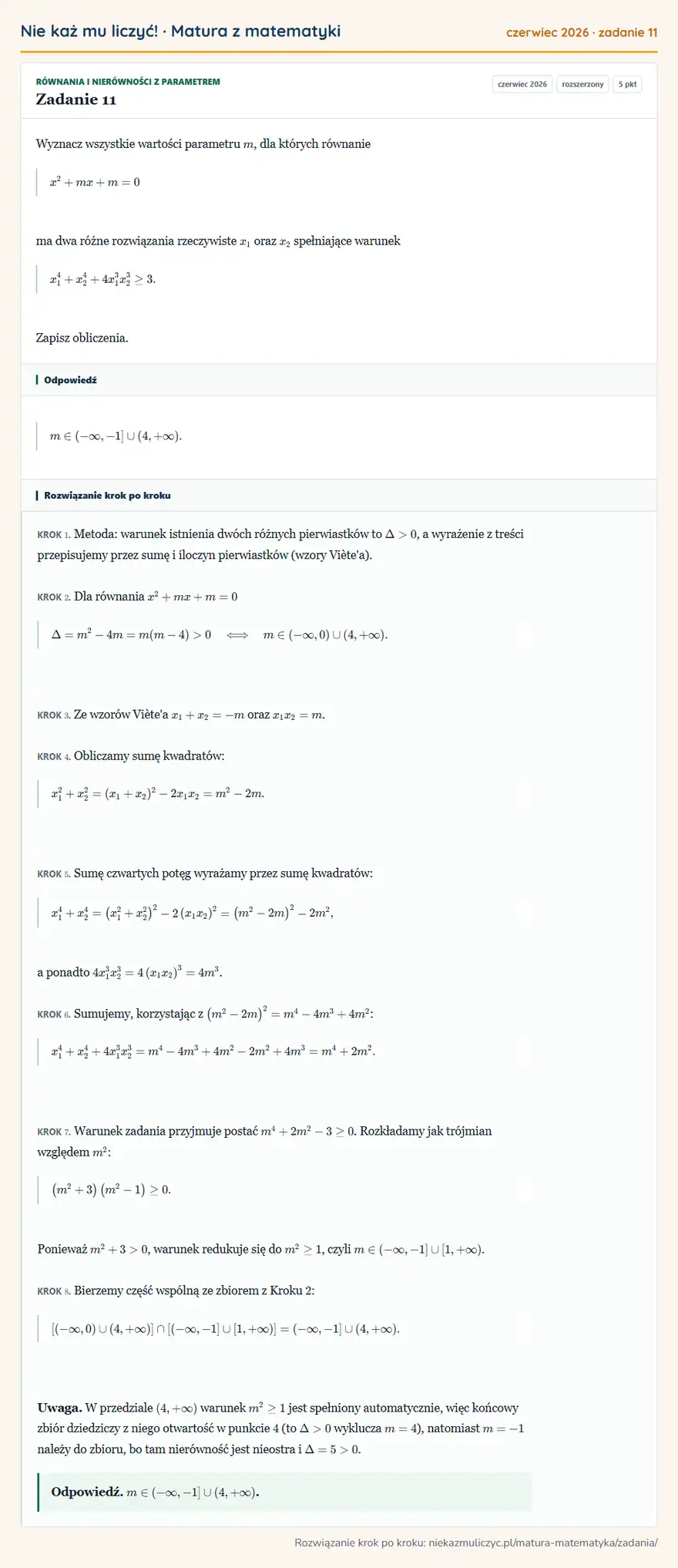 Rozwiązanie zadania 11 (matura z matematyki czerwiec 2026): Wyznacz wszystkie wartości parametru m, dla których równanie x²+mx+m=0 ma dwa różne rozwiązania rzeczywiste…