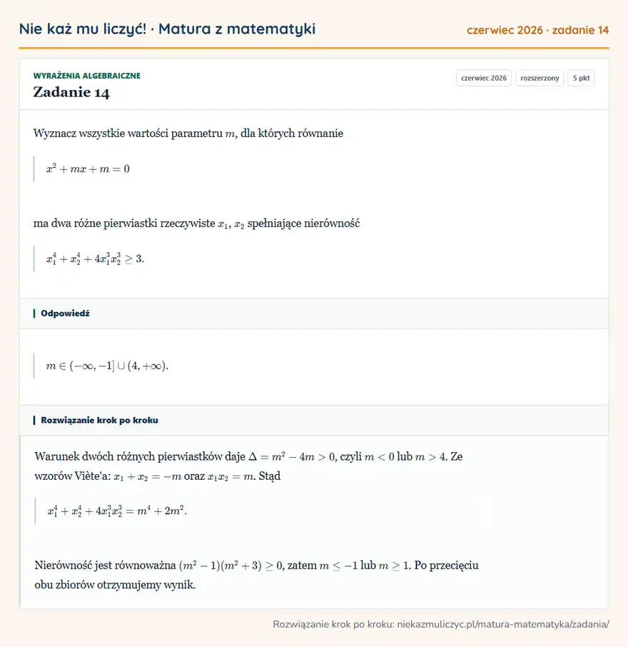 Rozwiązanie zadania 14 (matura z matematyki czerwiec 2026): Wyznacz wszystkie wartości parametru m, dla których równanie x²+mx+m=0 ma dwa różne pierwiastki rzeczywiste…