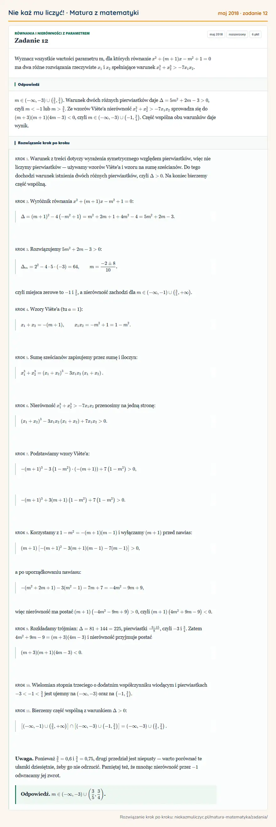 Rozwiązanie zadania 12 (matura z matematyki maj 2018): Wyznacz wszystkie wartości parametru m, dla których równanie x²+(m+1)x-m²+1=0 ma dwa różne rozwiązania…