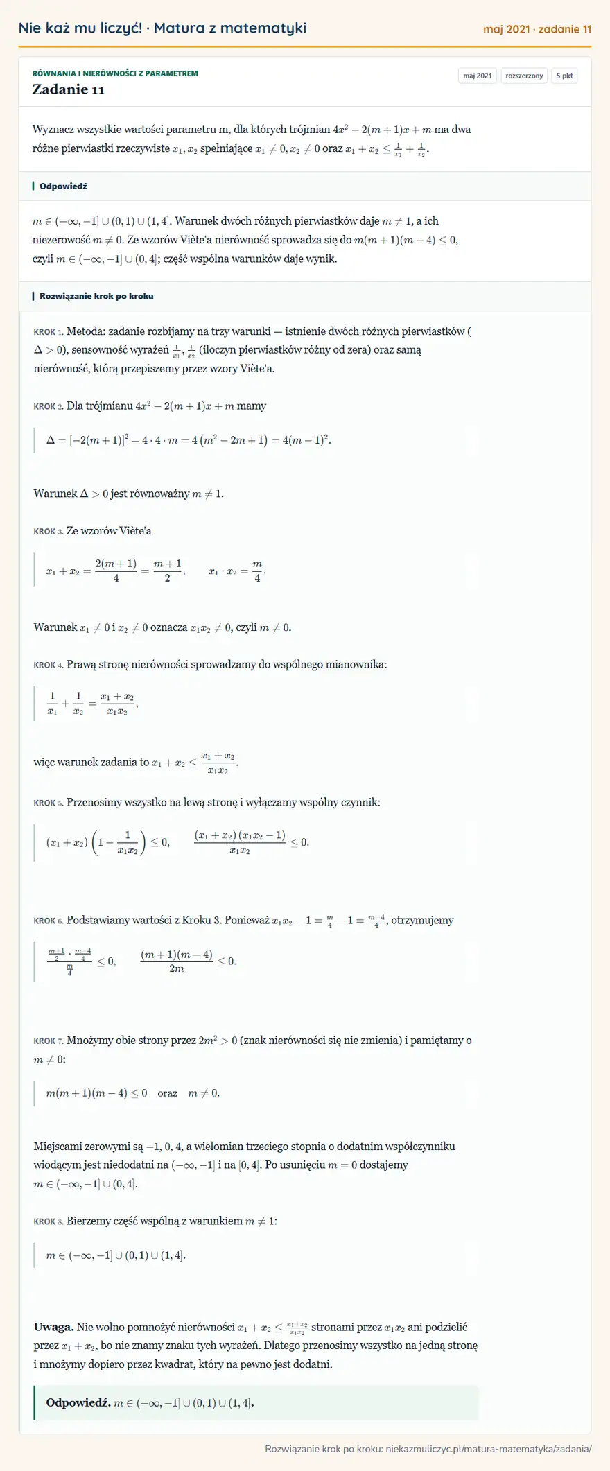 Rozwiązanie zadania 11 (matura z matematyki maj 2021): Wyznacz wszystkie wartości parametru m, dla których trójmian 4x²-2(m+1)x+m ma dwa różne pierwiastki…