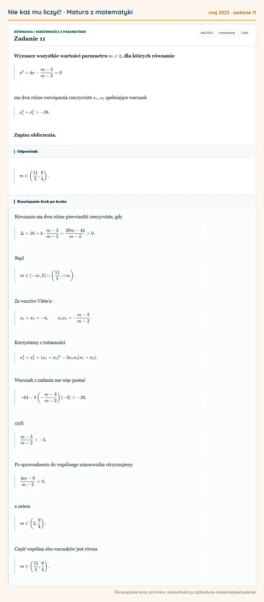 Rozwiązanie zadania 11 (matura z matematyki maj 2023): Wyznacz wszystkie wartości parametru m≠2, dla których równanie x²+4x-m-3/m-2=0 ma dwa różne rozwiązania…