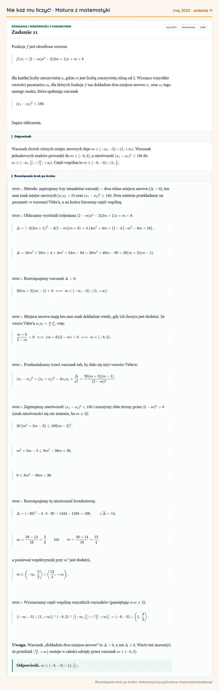Rozwiązanie zadania 11 (matura z matematyki maj 2025): Funkcja f jest określona wzorem f(x)=(2-m)x²-2(2m+1)x+m+8 dla każdej liczby rzeczywistej x, gdzie m jest…