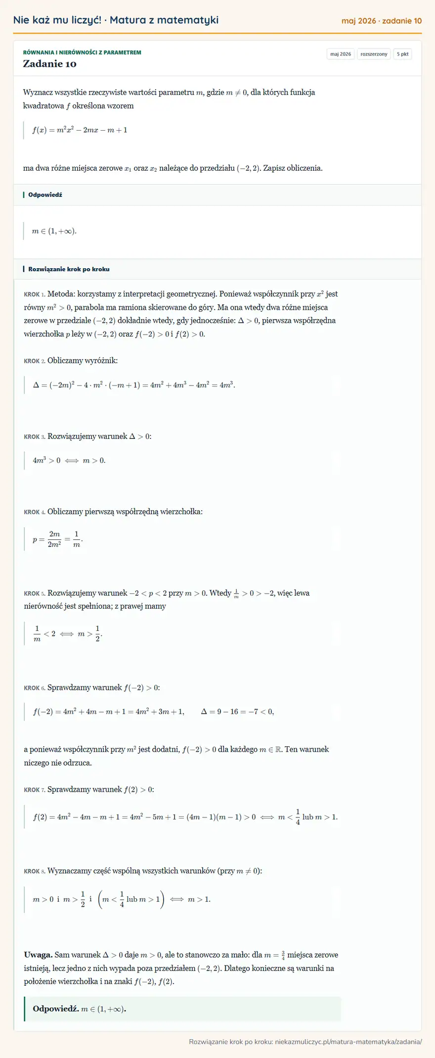 Rozwiązanie zadania 10 (matura z matematyki maj 2026): Wyznacz wszystkie rzeczywiste wartości parametru m, gdzie m≠0, dla których funkcja kwadratowa f określona…