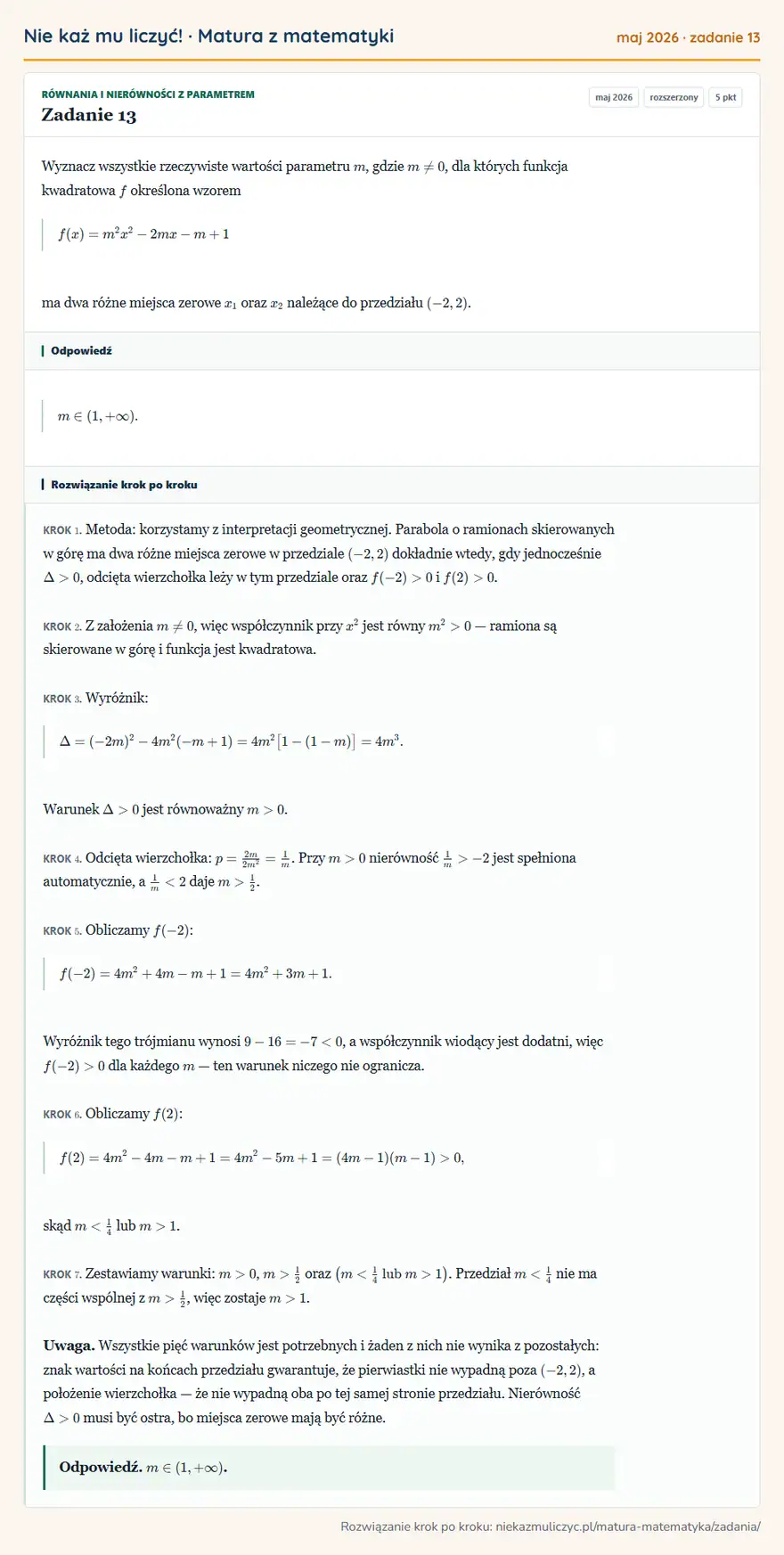 Rozwiązanie zadania 13 (matura z matematyki maj 2026): Wyznacz wszystkie rzeczywiste wartości parametru m, gdzie m≠0, dla których funkcja kwadratowa f określona…