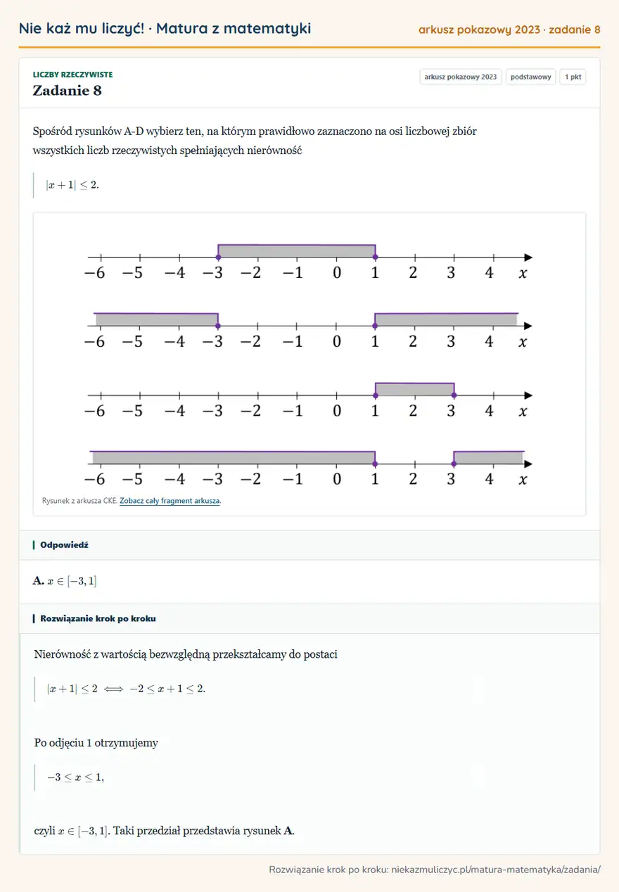 Rozwiązanie zadania 8, matura z matematyki, arkusz pokazowy 2023, poziom podstawowy: Spośród rysunków A-D wybierz ten, na którym prawidłowo zaznaczono na osi liczbowej zbiór wszystkich liczb… Odpowiedź: A. x∈[-3,1]