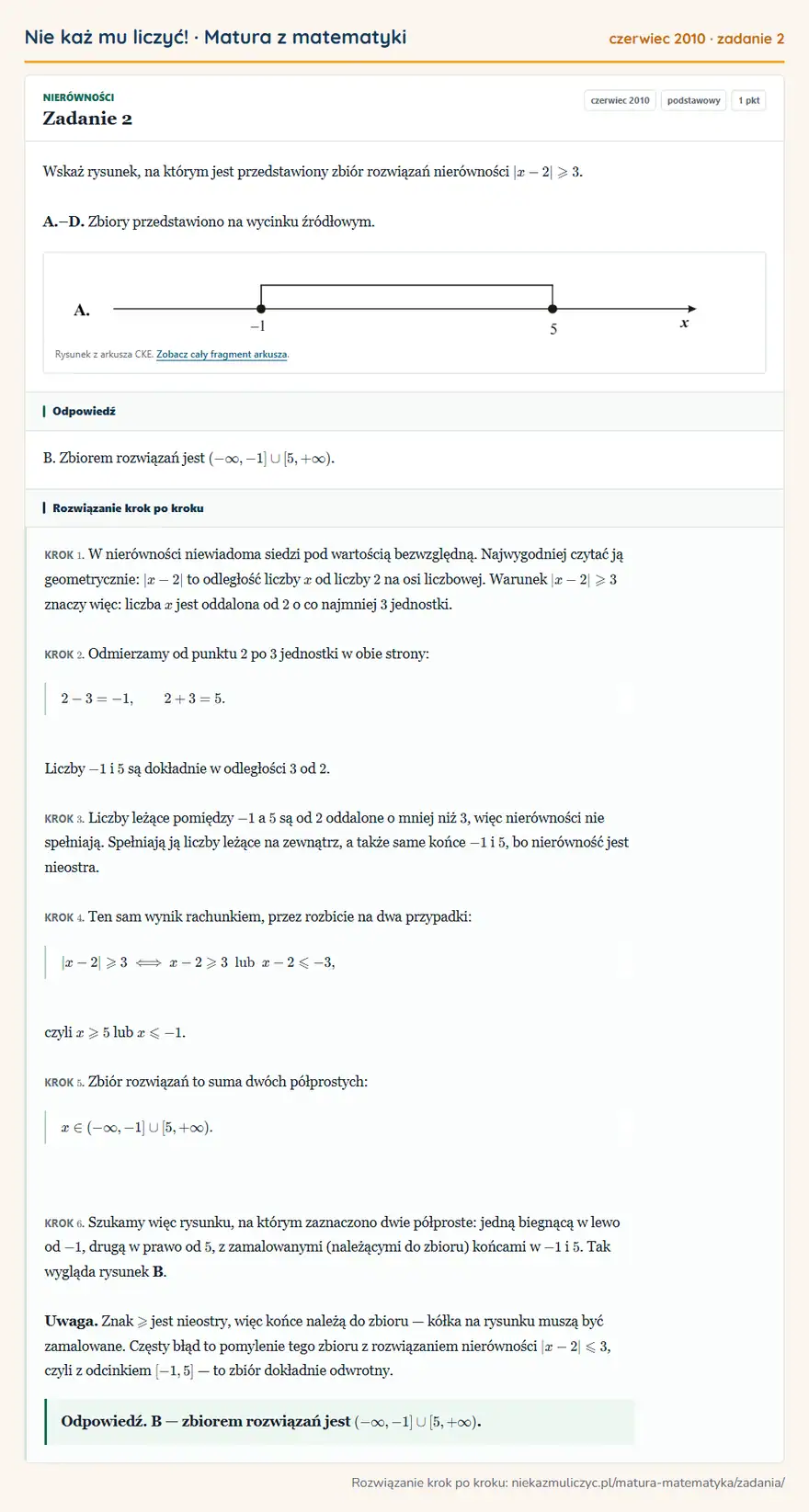 Rozwiązanie zadania 2 (matura z matematyki czerwiec 2010): Wskaż rysunek, na którym jest przedstawiony zbiór rozwiązań nierówności |x-2|≥slant3. A.–D. Zbiory…
