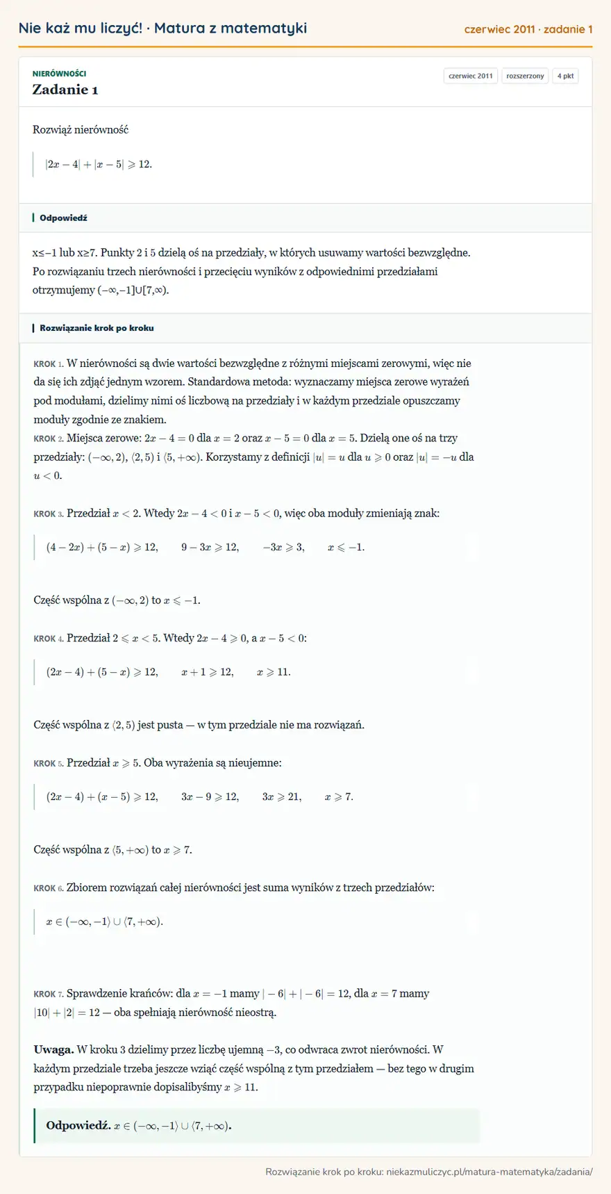 Rozwiązanie zadania 1, matura z matematyki czerwiec 2011, poziom rozszerzony: Rozwiąż nierówność |2x-4|+|x-5|≥slant12.