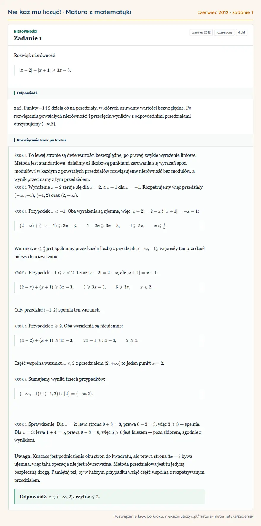 Rozwiązanie zadania 1 (matura z matematyki czerwiec 2012): Rozwiąż nierówność |x-2|+|x+1|≥ 3x-3.