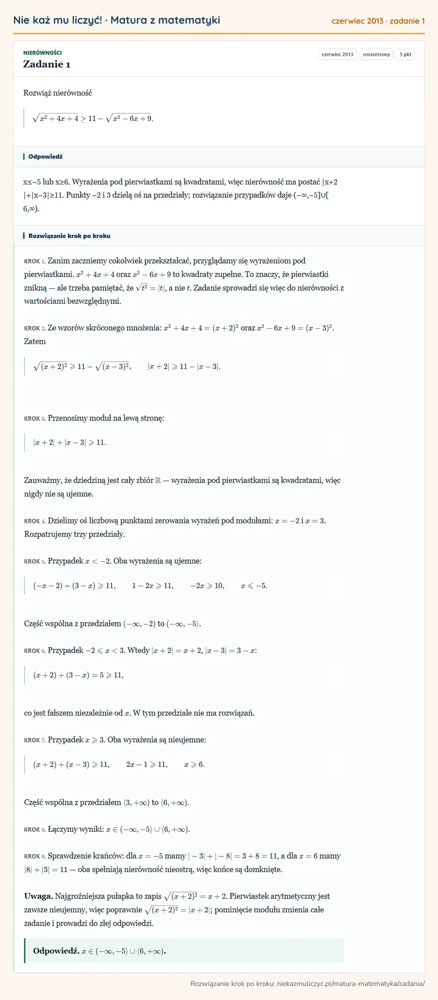 Rozwiązanie zadania 1 (matura z matematyki czerwiec 2013): Rozwiąż nierówność √x²+4x+4≥11-√x²-6x+9.