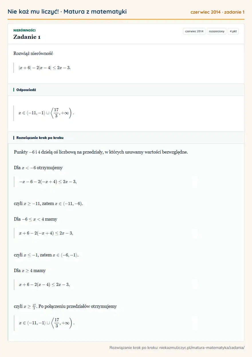 Rozwiązanie zadania 1 (matura z matematyki czerwiec 2014): Rozwiąż nierówność |x+6|-2|x-4|≤ 2x-3.