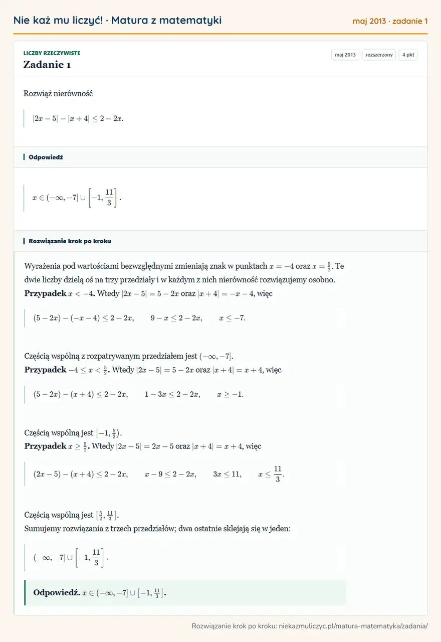 Rozwiązanie zadania 1 (matura z matematyki maj 2013): Rozwiąż nierówność |2x-5|-|x+4|≤2-2x.