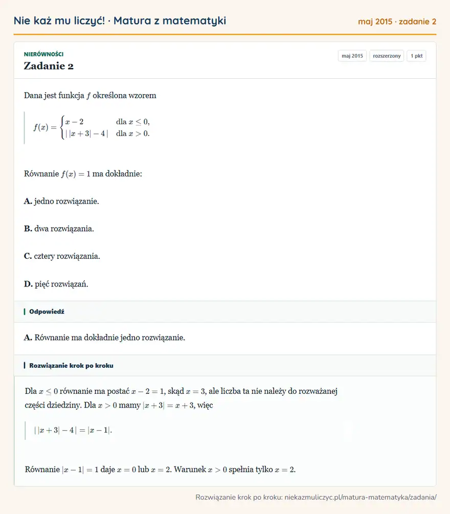 Rozwiązanie zadania 2 (matura z matematyki maj 2015): Dana jest funkcja f określona wzorem f(x)=casesx-2 & dla x≤ 0,\ | |x+3|-4 | & dla x>0.cases Równanie f(x)=1…