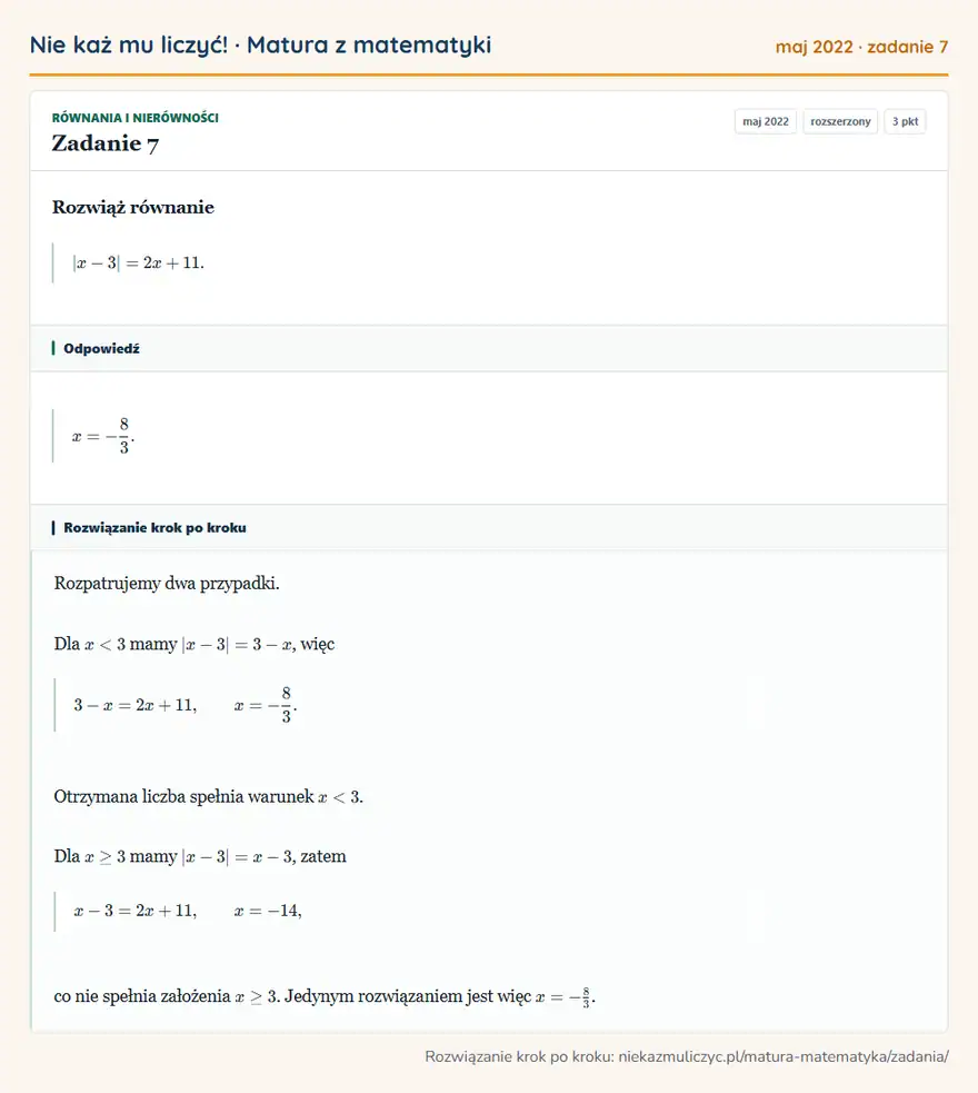 Rozwiązanie zadania 7 (matura z matematyki maj 2022): Rozwiąż równanie |x-3|=2x+11.