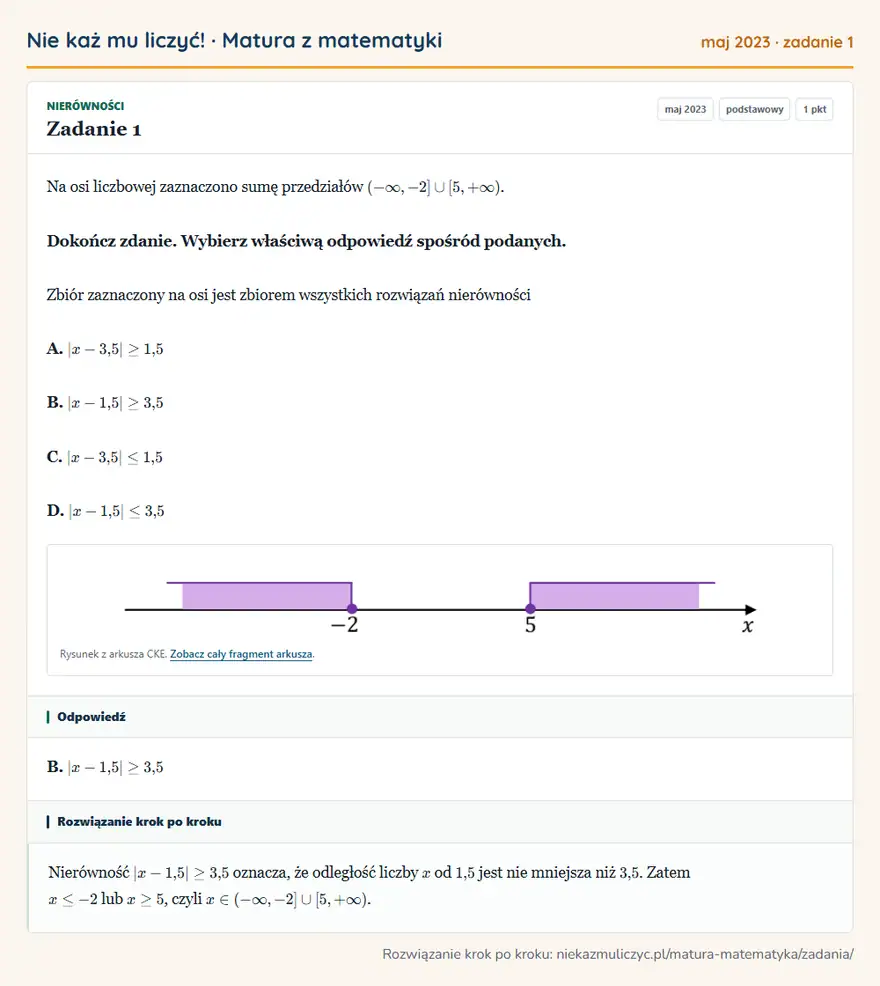 Rozwiązanie zadania 1 (matura z matematyki maj 2023): Na osi liczbowej zaznaczono sumę przedziałów (-∞,-2][5,+∞). Dokończ zdanie. Wybierz właściwą odpowiedź…