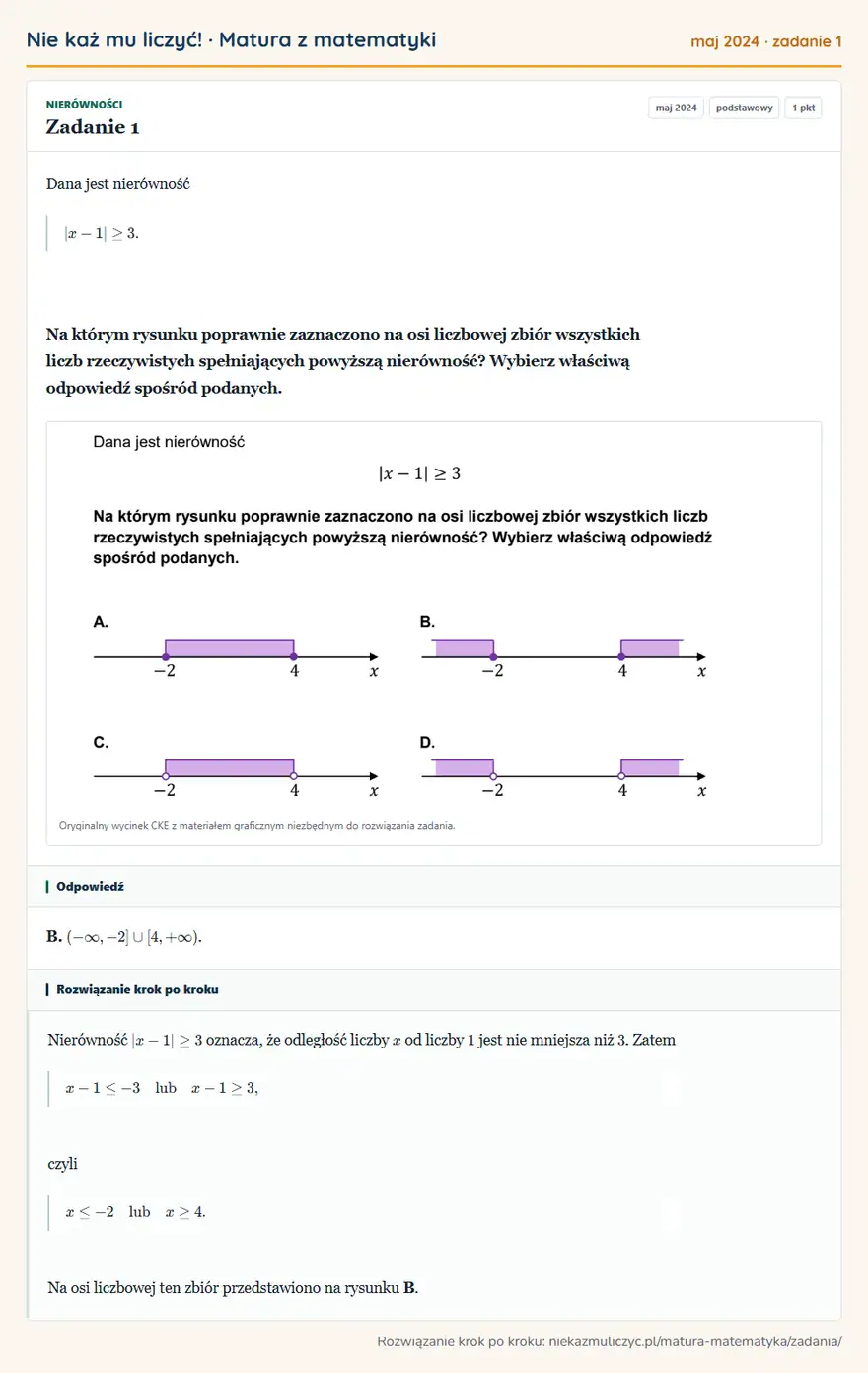 Rozwiązanie zadania 1 (matura z matematyki maj 2024): Dana jest nierówność |x-1|≥3. Na którym rysunku poprawnie zaznaczono na osi liczbowej zbiór wszystkich liczb…