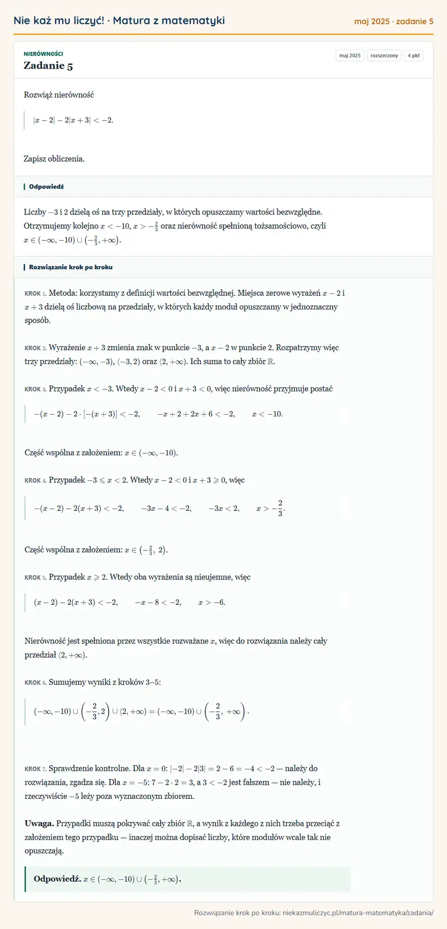 Rozwiązanie zadania 5 (matura z matematyki maj 2025): Rozwiąż nierówność x-2-2 x+3<-2. Zapisz obliczenia.