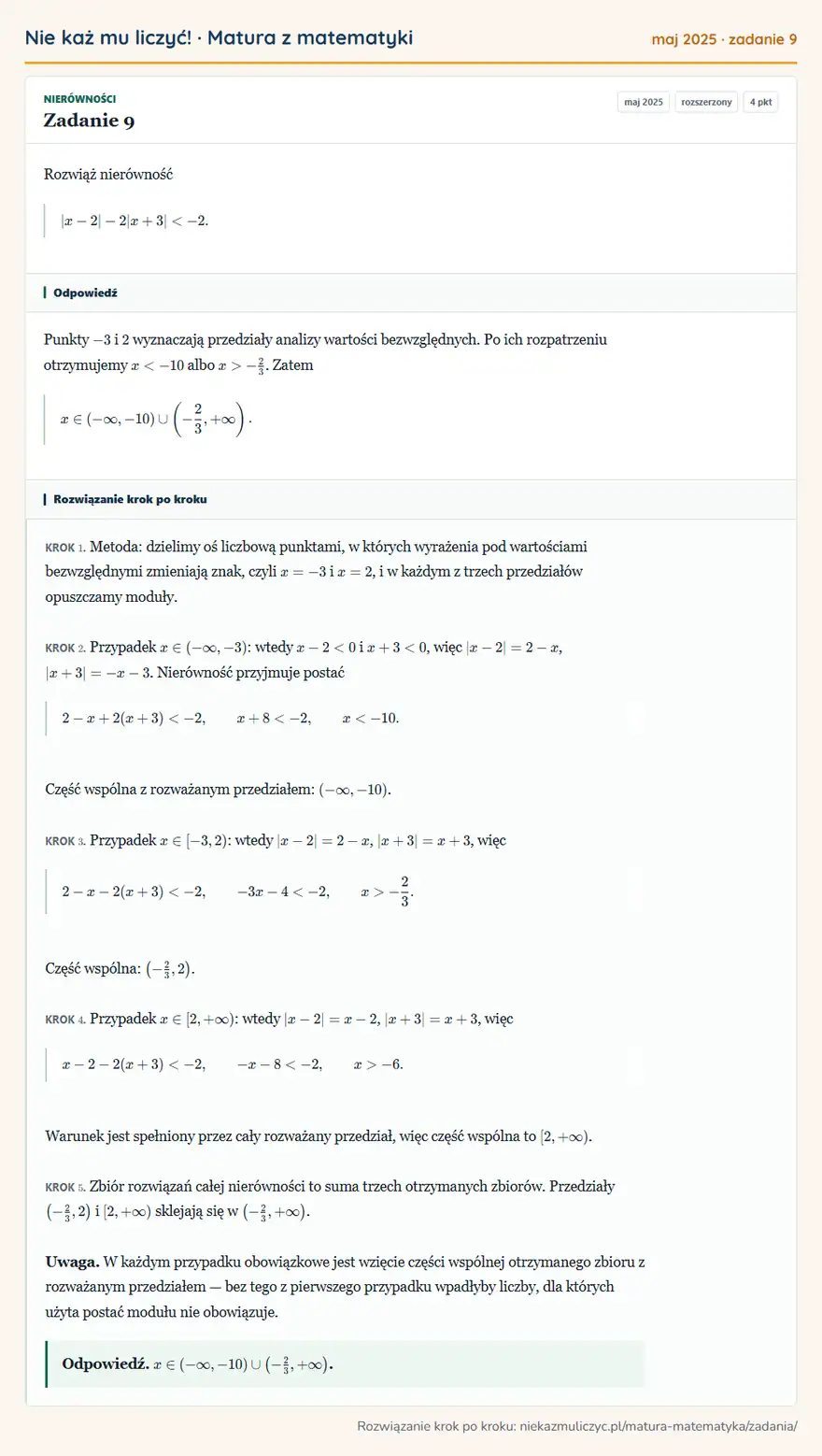Rozwiązanie zadania 9, matura z matematyki maj 2025, poziom rozszerzony: Rozwiąż nierówność x-2-2 x+3<-2.
