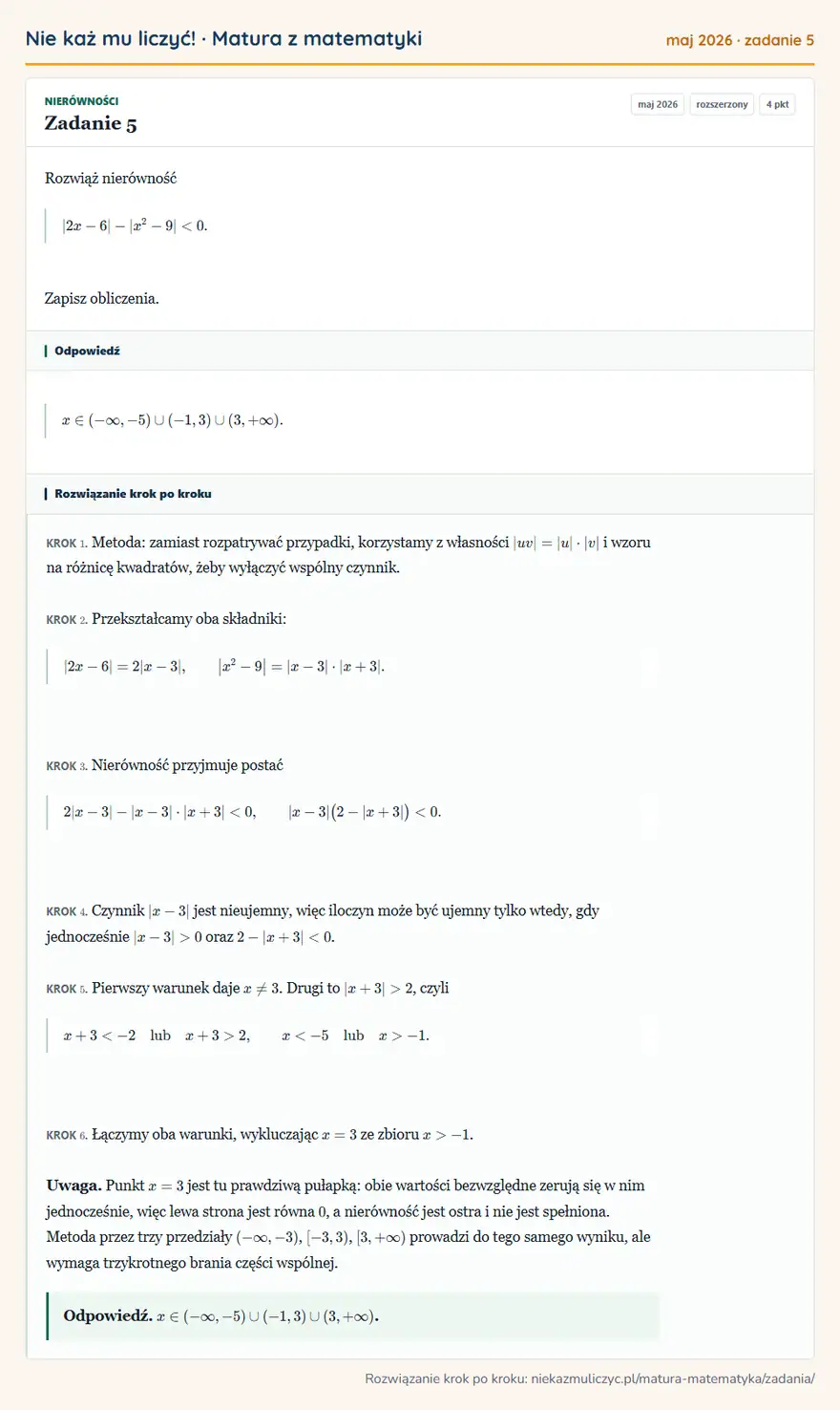 Rozwiązanie zadania 5 (matura z matematyki maj 2026): Rozwiąż nierówność 2x-6- x²-9<0. Zapisz obliczenia.