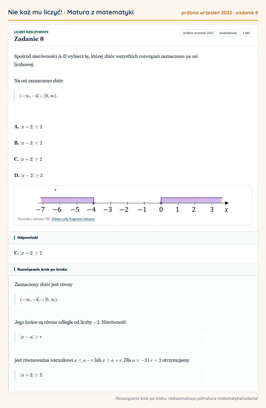 Rozwiązanie zadania 8 (matura z matematyki próbna wrzesień 2022): Spośród nierówności A-D wybierz tę, której zbiór wszystkich rozwiązań zaznaczono na osi liczbowej. Na osi…
