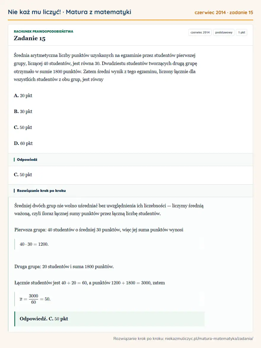 Rozwiązanie zadania 15 (matura z matematyki czerwiec 2014): Średnia arytmetyczna liczby punktów uzyskanych na egzaminie przez studentów pierwszej grupy, liczącej 40…