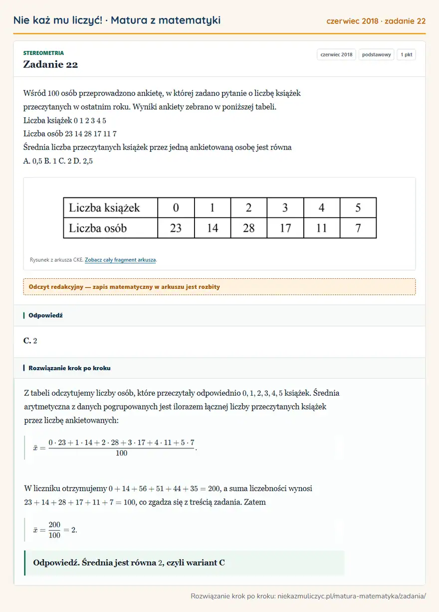Rozwiązanie zadania 22 (matura z matematyki czerwiec 2018): Wśród 100 osób przeprowadzono ankietę, w której zadano pytanie o liczbę książek przeczytanych w ostatnim…
