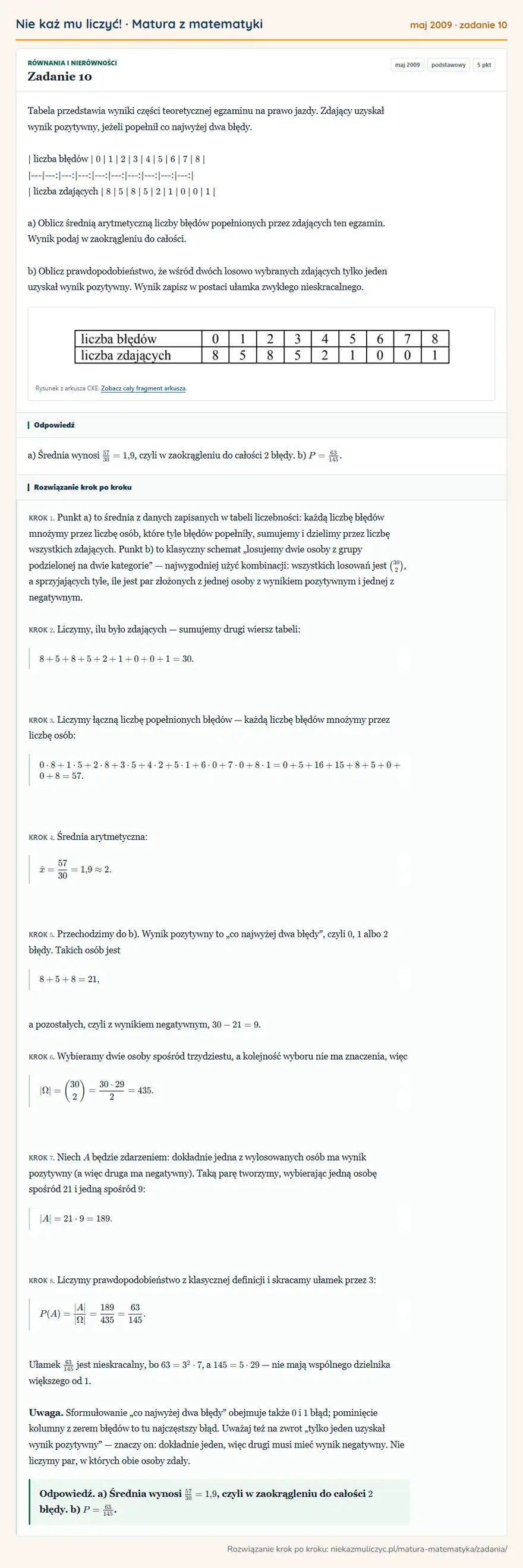 Rozwiązanie zadania 10 (matura z matematyki maj 2009): Tabela przedstawia wyniki części teoretycznej egzaminu na prawo jazdy. Zdający uzyskał wynik pozytywny…