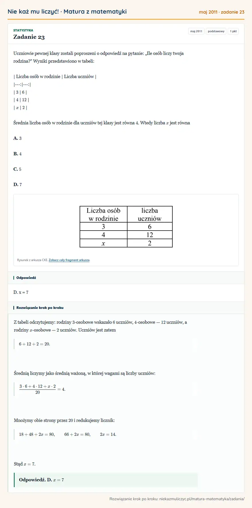 Rozwiązanie zadania 23 (matura z matematyki maj 2011): Uczniowie pewnej klasy zostali poproszeni o odpowiedź na pytanie: „Ile osób liczy twoja rodzina?” Wyniki…