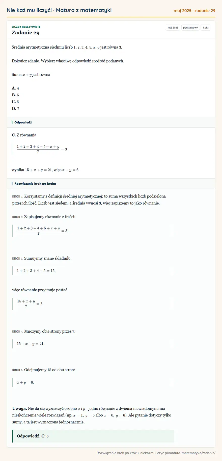 Rozwiązanie zadania 29 (matura z matematyki maj 2025): Średnia arytmetyczna siedmiu liczb 1, 2, 3, 4, 5, x, y jest równa 3. Dokończ zdanie. Wybierz właściwą…