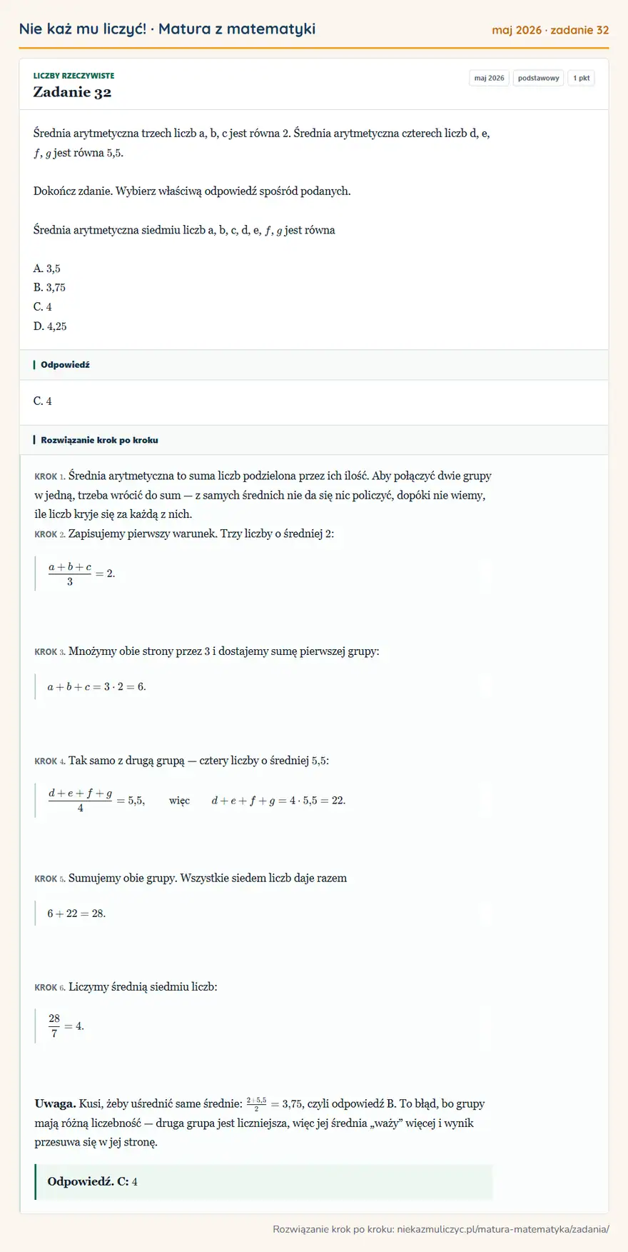 Rozwiązanie zadania 32 (matura z matematyki maj 2026): Średnia arytmetyczna trzech liczb a, b, c jest równa 2. Średnia arytmetyczna czterech liczb d, e, f, g jest…