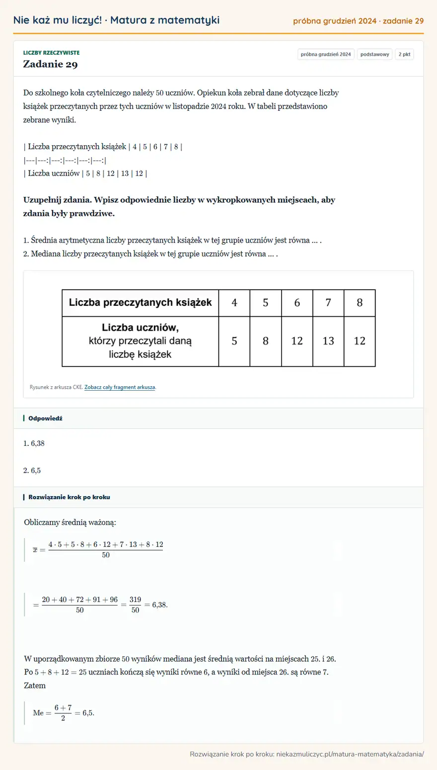 Rozwiązanie zadania 29 (matura z matematyki próbna grudzień 2024): Do szkolnego koła czytelniczego należy 50 uczniów. Opiekun koła zebrał dane dotyczące liczby książek…