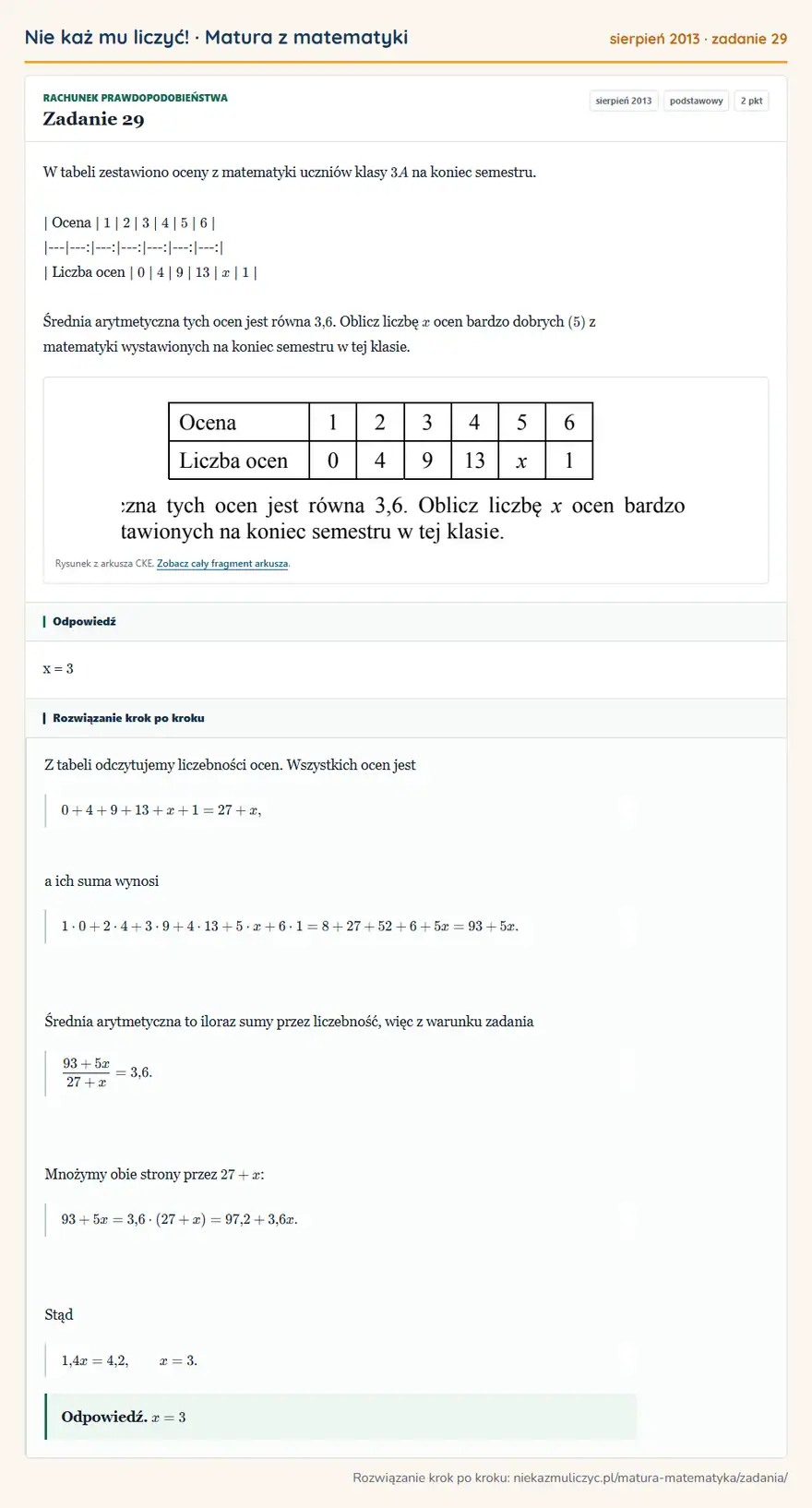 Rozwiązanie zadania 29 (matura z matematyki sierpień 2013): W tabeli zestawiono oceny z matematyki uczniów klasy 3A na koniec semestru. | Ocena | 1 | 2 | 3 | 4 | 5 | 6 |…
