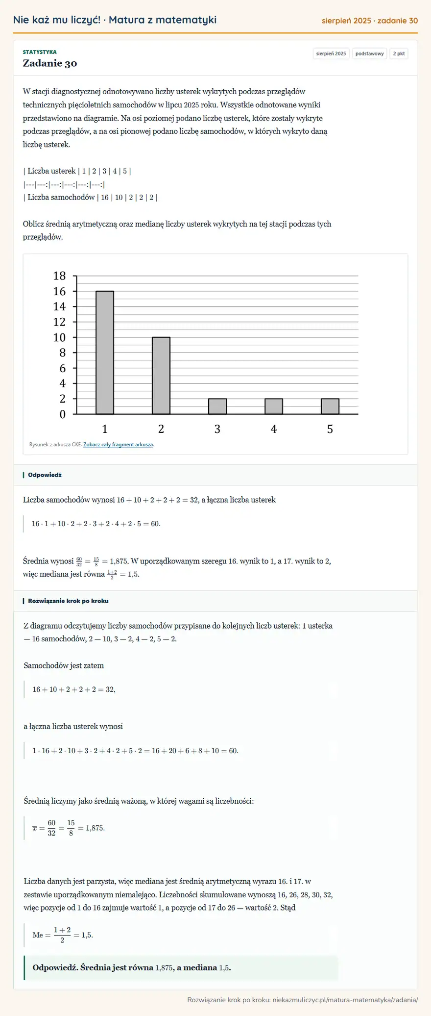 Rozwiązanie zadania 30 (matura z matematyki sierpień 2025): W stacji diagnostycznej odnotowywano liczby usterek wykrytych podczas przeglądów technicznych pięcioletnich…