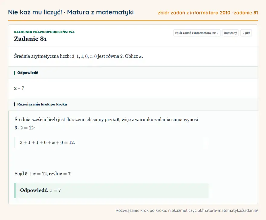 Rozwiązanie zadania 81 (zbiór zadań z informatora CKE 2010): Średnia arytmetyczna liczb: 3,1,1,0,x,0 jest równa 2. Oblicz x.