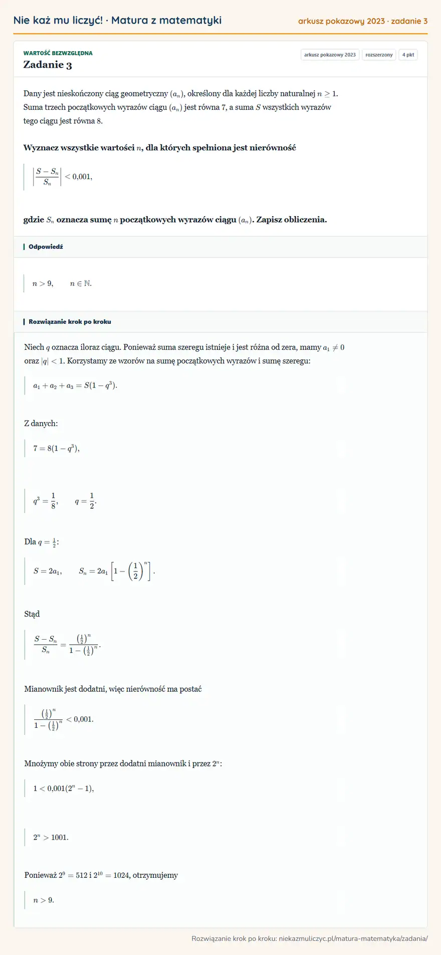 Rozwiązanie zadania 3 (matura z matematyki, arkusz pokazowy 2023): Dany jest nieskończony ciąg geometryczny (an), określony dla każdej liczby naturalnej n≥1. Suma trzech…