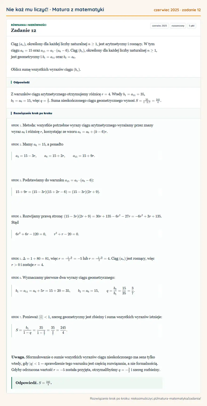 Rozwiązanie zadania 12 (matura z matematyki czerwiec 2025): Ciąg (an), określony dla każdej liczby naturalnej n≥1, jest arytmetyczny i rosnący. W tym ciągu a6=15 oraz…